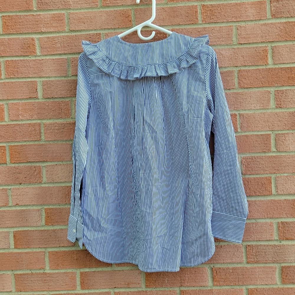 J. Crew Blue and White Striped Button-Down Top with Peter Pan Collar - Picture 2 of 7